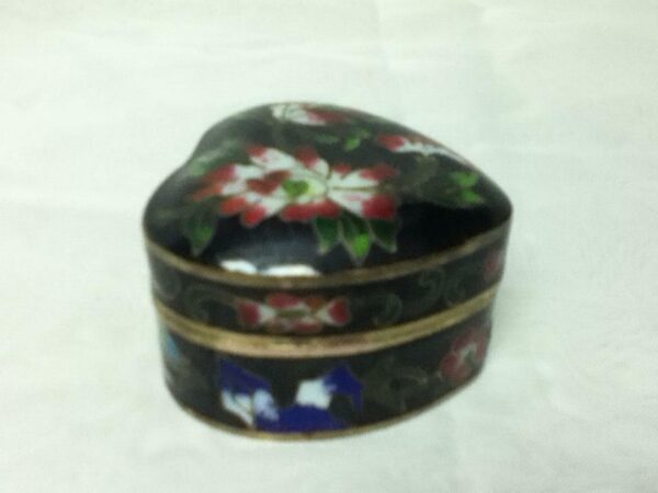 Vintage, Beautiful, Cloisonne, Heart-Shape, Hinged, Black, Floral Trinket Box