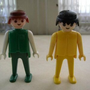 Vintage, 1974 Geobra, Lot of 2 Little People Figures in Green and Yellow Suit