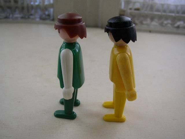 Vintage, 1974 Geobra, Lot of 2 Little People Figures in Green and Yellow Suit