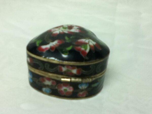 Vintage, Beautiful, Cloisonne, Heart-Shape, Hinged, Black, Floral Trinket Box