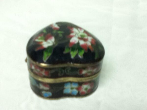 Vintage, Beautiful, Cloisonne, Heart-Shape, Hinged, Black, Floral Trinket Box