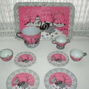 1956 Ohio Art, Pink Willow -Swans Child's Tin Tea Set