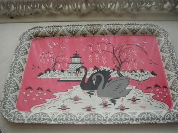 1956 Ohio Art, Pink Willow -Swans Child's Tin Tea Set