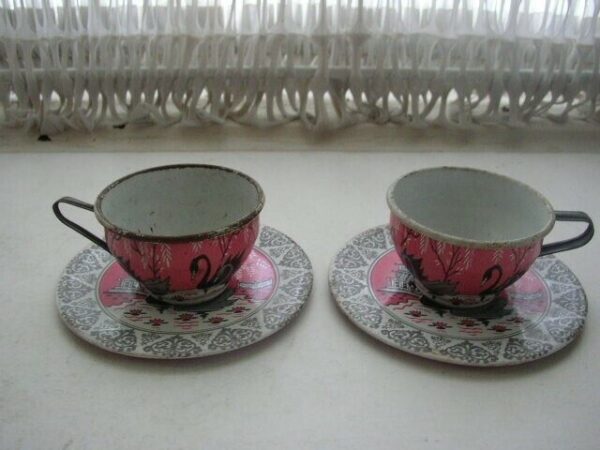 1956 Ohio Art, Pink Willow -Swans Child's Tin Tea Set