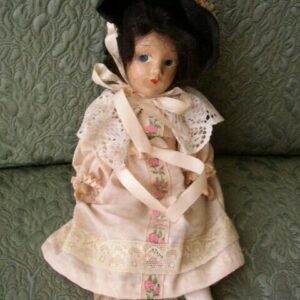 1920-30s 11-Inch Composition Doll in Pink Gown and Black Hat