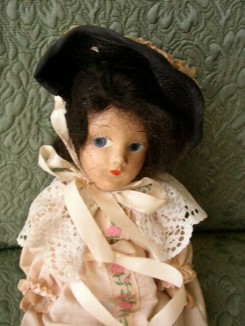 1920-30s 11-Inch Composition Doll in Pink Gown and Black Hat