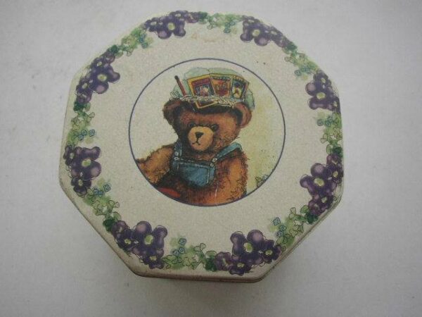 1996, Tin Box Co. of America, Signed, Peggy Abrams Octagon shaped Bear Tin Box