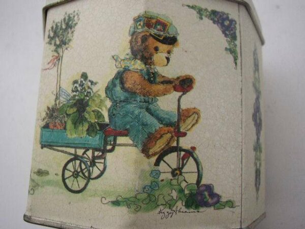 1996, Tin Box Co. of America, Signed, Peggy Abrams Octagon shaped Bear Tin Box