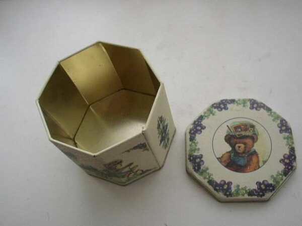 1996, Tin Box Co. of America, Signed, Peggy Abrams Octagon shaped Bear Tin Box