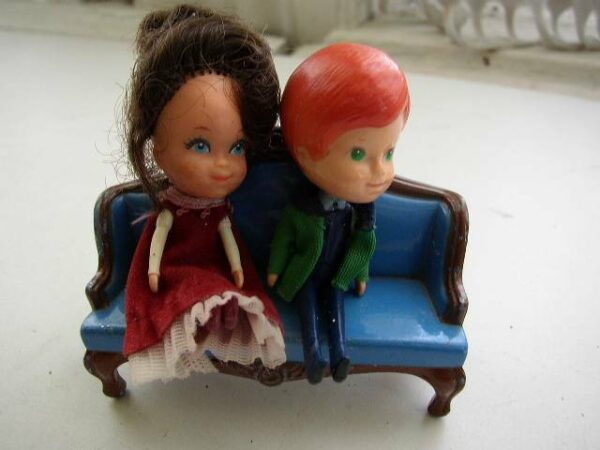 Pair of 1980 Mattel Inc. Miniature Dolls in Burgundy and Green Attire