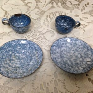 Antique, 4-pc Gray Spotted Graniteware Enamelware Child's Tea Set