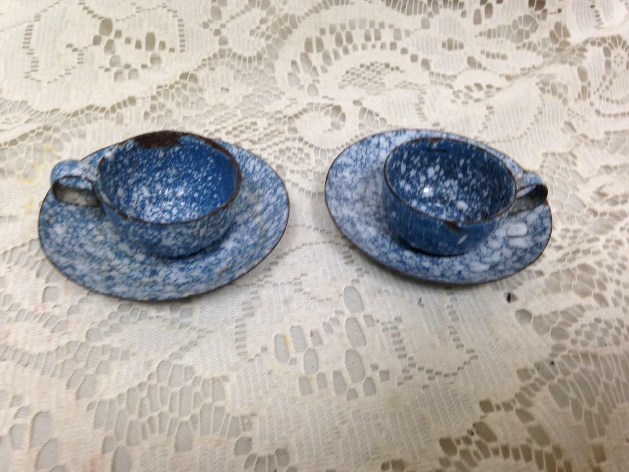 Antique, 4-pc Gray Spotted Graniteware Enamelware Child’s Tea Set