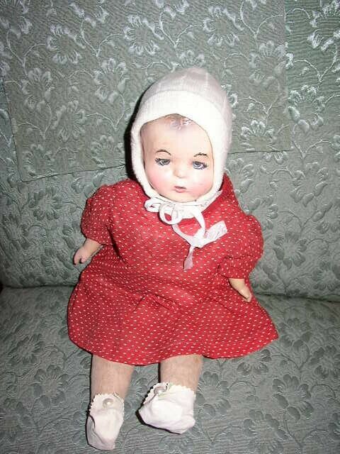 Antique, Reliable, 18″ Composition Baby Doll in Red Dress