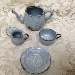 Antique, 4-pc Gray Spotted Graniteware Enamelware Child's Dinner-Tea Set