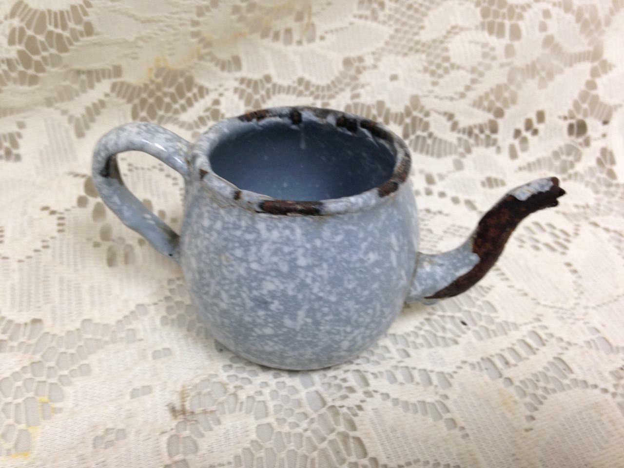 Antique, 4-pc Gray Spotted Graniteware Enamelware Child’s Dinner-Tea Set