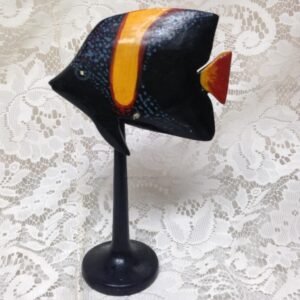 Handcrafted, Carved Wood, Black-Yellow Fish with Stand 7.5in x 3in x 4.75in W