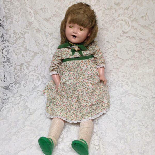 Vintage, 28in Composition Doll in Floral Dress with Green Shoes