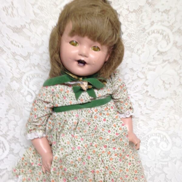 Vintage, 28in Composition Doll in Floral Dress with Green Shoes