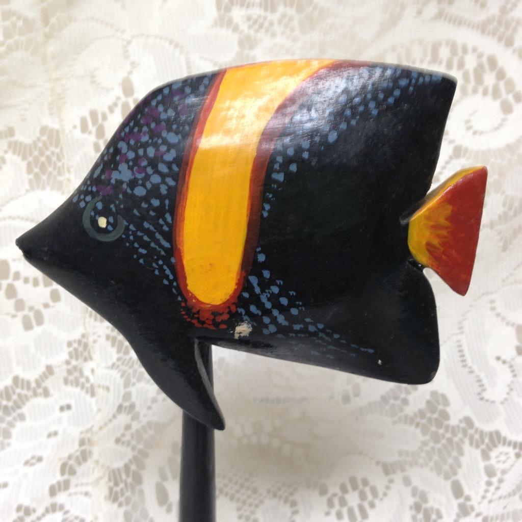 Handcrafted, Carved Wood, Black-Yellow Fish with Stand 7.5in x 3in x 4.75in W