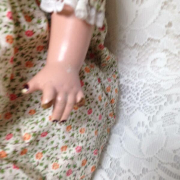 Vintage, 28in Composition Doll in Floral Dress with Green Shoes