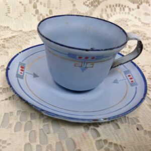 Vintage, French Blue, Child's 2pc Enamelware Cup and Saucer