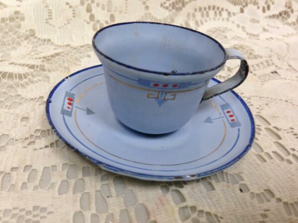 Vintage, French Blue, Child's 2pc Enamelware Cup and Saucer