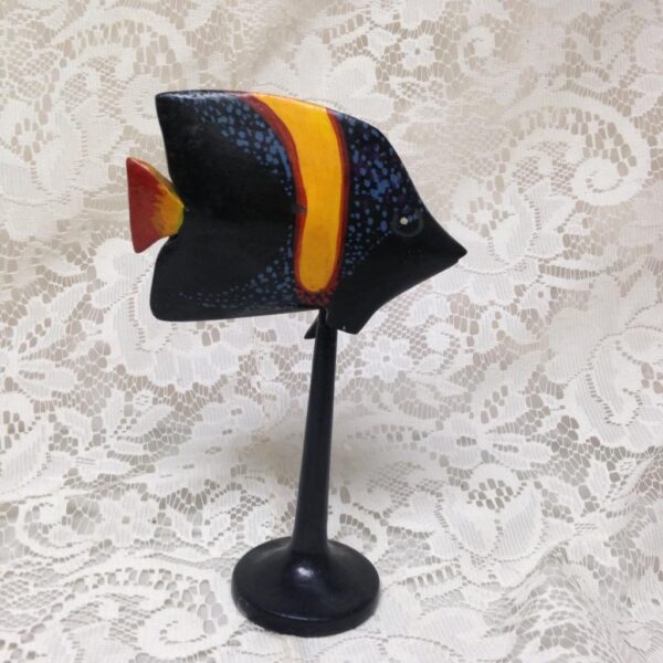 Handcrafted, Carved Wood, Black-Yellow Fish with Stand 7.5in x 3in x 4.75in W