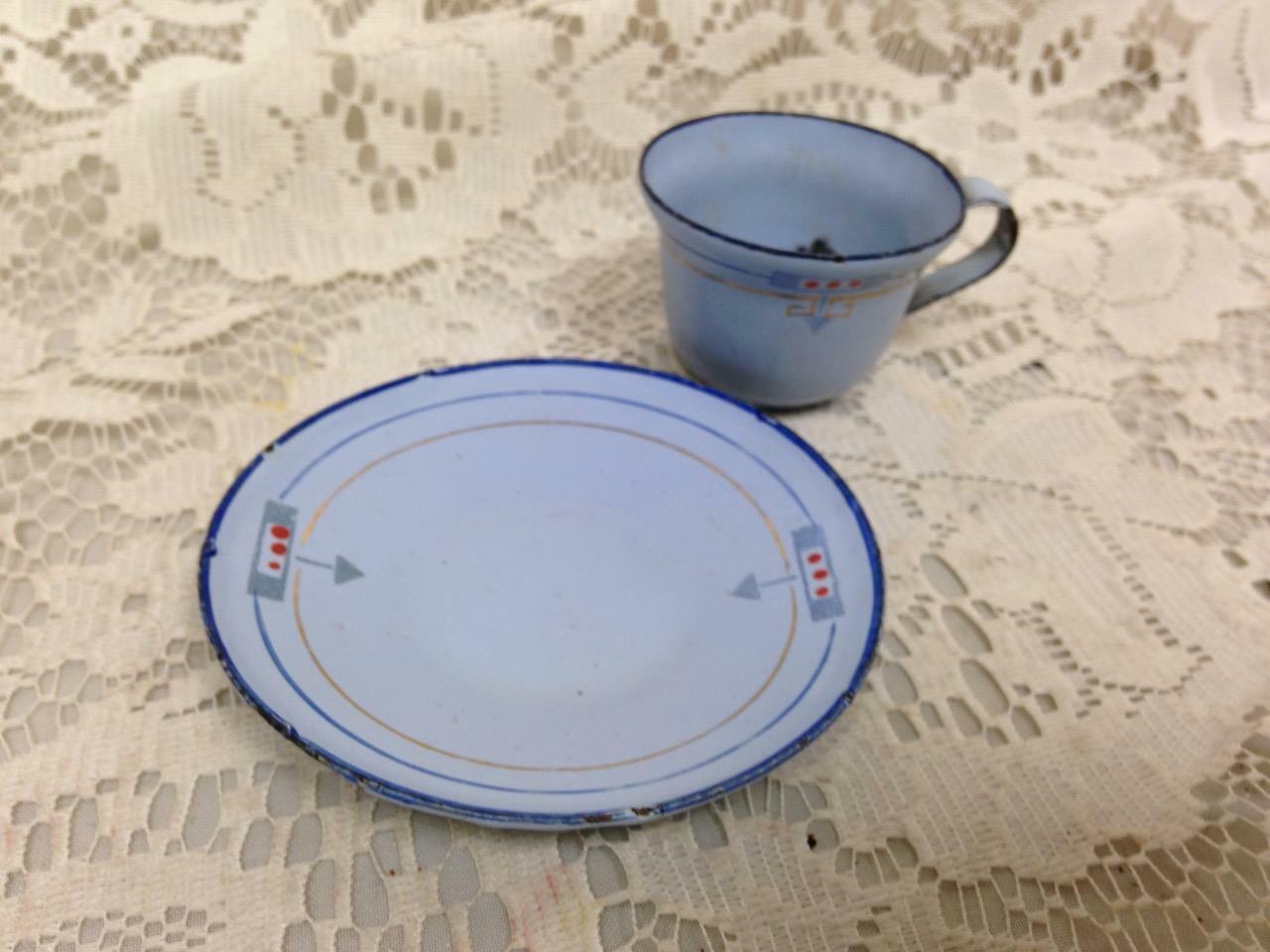 Vintage, French Blue, Child’s 2pc Enamelware Cup and Saucer