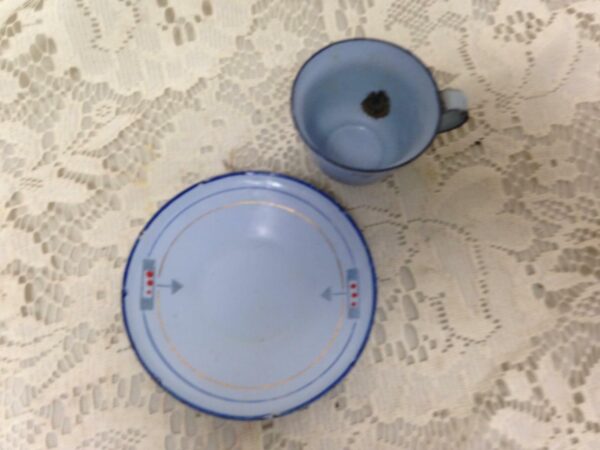 Vintage, French Blue, Child's 2pc Enamelware Cup and Saucer