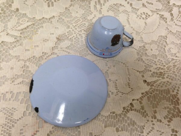 Vintage, French Blue, Child's 2pc Enamelware Cup and Saucer