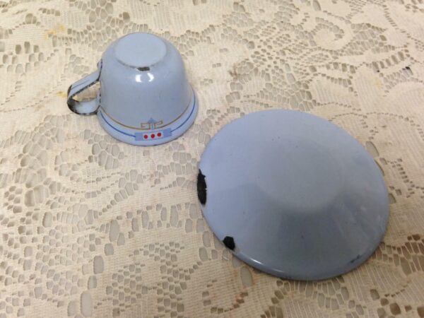 Vintage, French Blue, Child's 2pc Enamelware Cup and Saucer