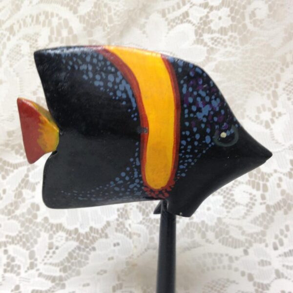 Handcrafted, Carved Wood, Black-Yellow Fish with Stand 7.5in x 3in x 4.75in W