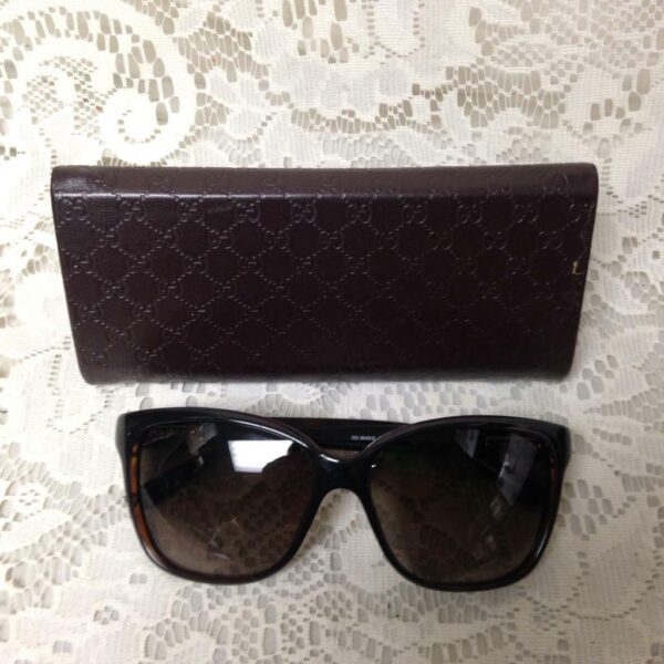 Gucci, Italy, Brown Tortoise with Red and Green Band Sunglasses With Brown Case