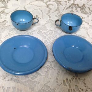 Vintage, French Blue, Child's 4pc Enamelware Cup and Saucer