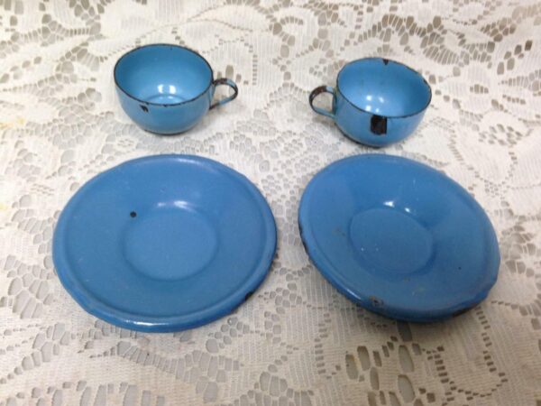 Vintage, French Blue, Child's 4pc Enamelware Cup and Saucer