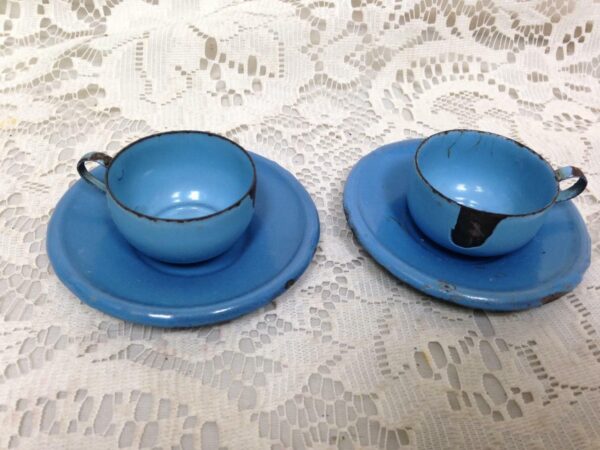 Vintage, French Blue, Child's 4pc Enamelware Cup and Saucer