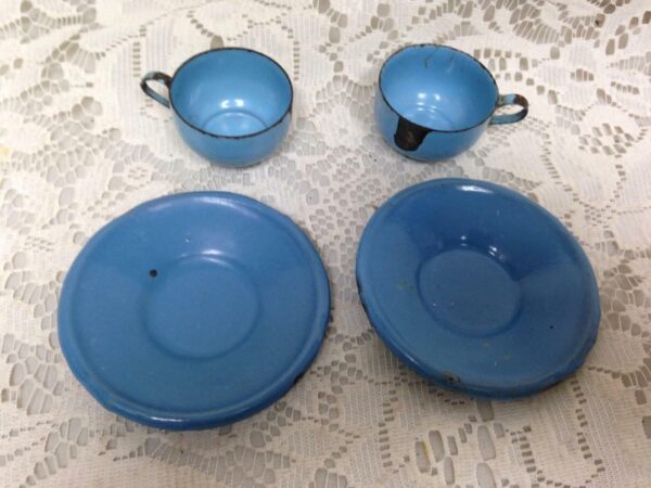 Vintage, French Blue, Child's 4pc Enamelware Cup and Saucer