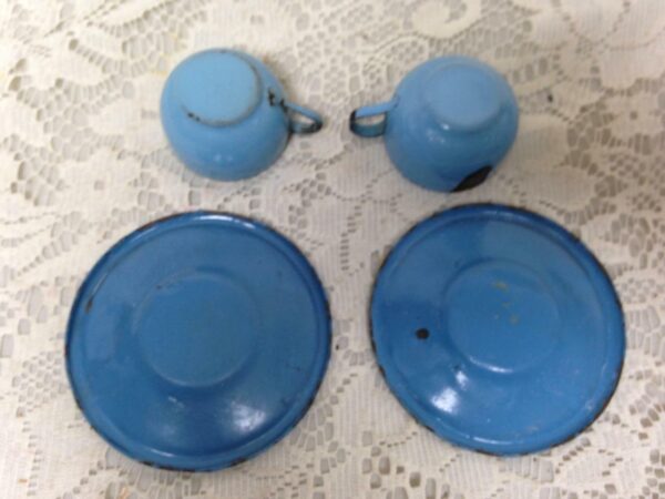 Vintage, French Blue, Child's 4pc Enamelware Cup and Saucer