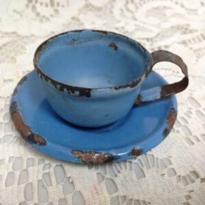 Antique, French Blue, Child's 2pc Heavy Enamelware Cup and Saucer