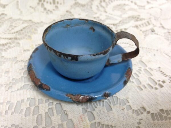 Antique, French Blue, Child's 2pc Heavy Enamelware Cup and Saucer