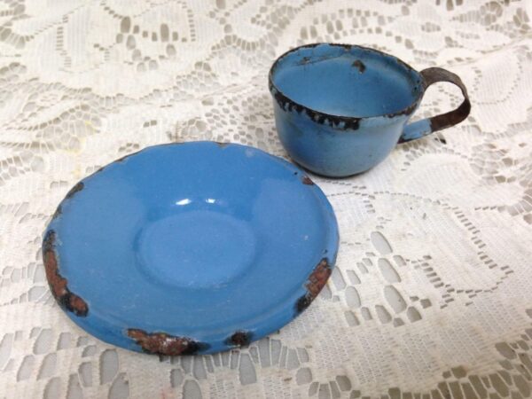 Antique, French Blue, Child's 2pc Heavy Enamelware Cup and Saucer