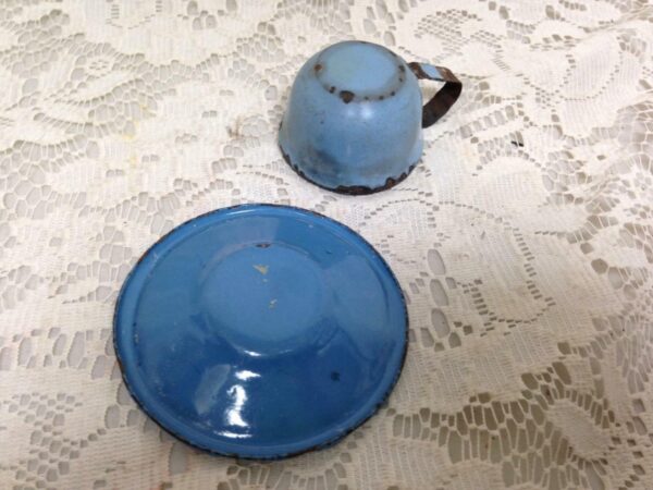 Antique, French Blue, Child's 2pc Heavy Enamelware Cup and Saucer