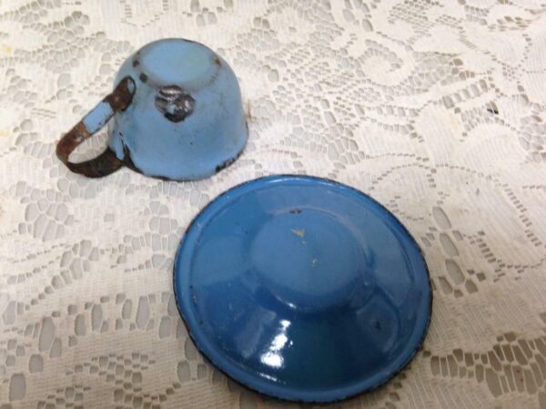 Antique, French Blue, Child's 2pc Heavy Enamelware Cup and Saucer