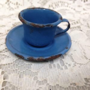 Antique, French Blue, Child's 2pc Enamelware Can Shape Cup and Saucer