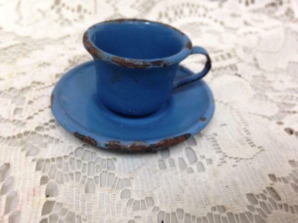 Antique, French Blue, Child's 2pc Enamelware Can Shape Cup and Saucer