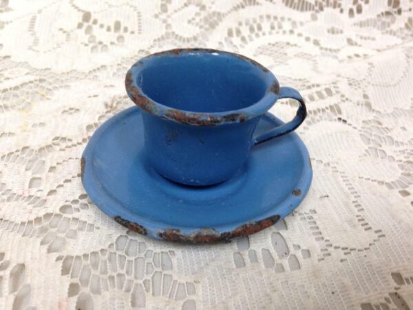 Antique, French Blue, Child's 2pc Enamelware Can Shape Cup and Saucer