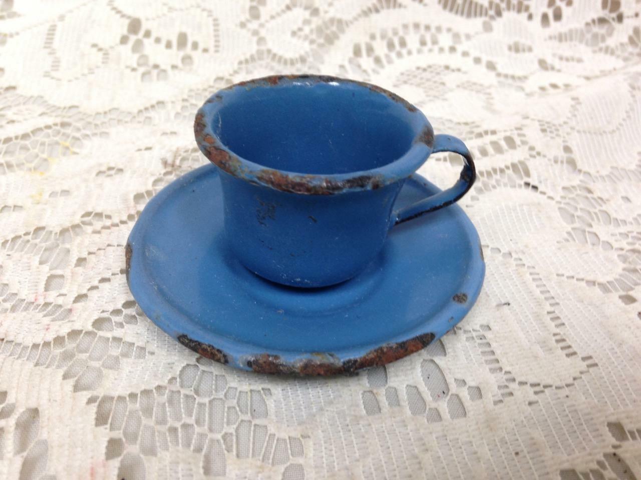 Antique, French Blue, Child’s 2pc Enamelware Can Shape Cup and Saucer