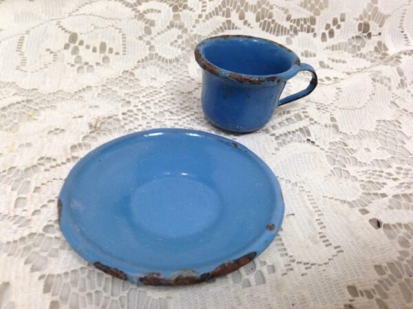 Antique, French Blue, Child's 2pc Enamelware Can Shape Cup and Saucer