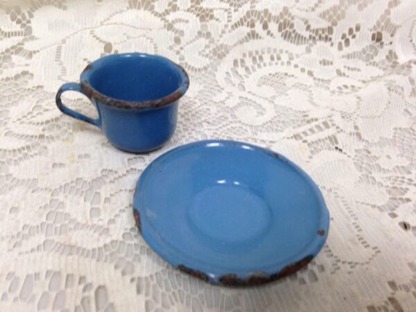 Antique, French Blue, Child's 2pc Enamelware Can Shape Cup and Saucer