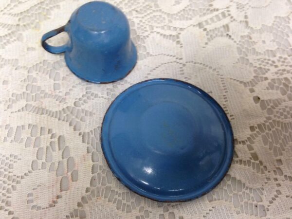 Antique, French Blue, Child's 2pc Enamelware Can Shape Cup and Saucer